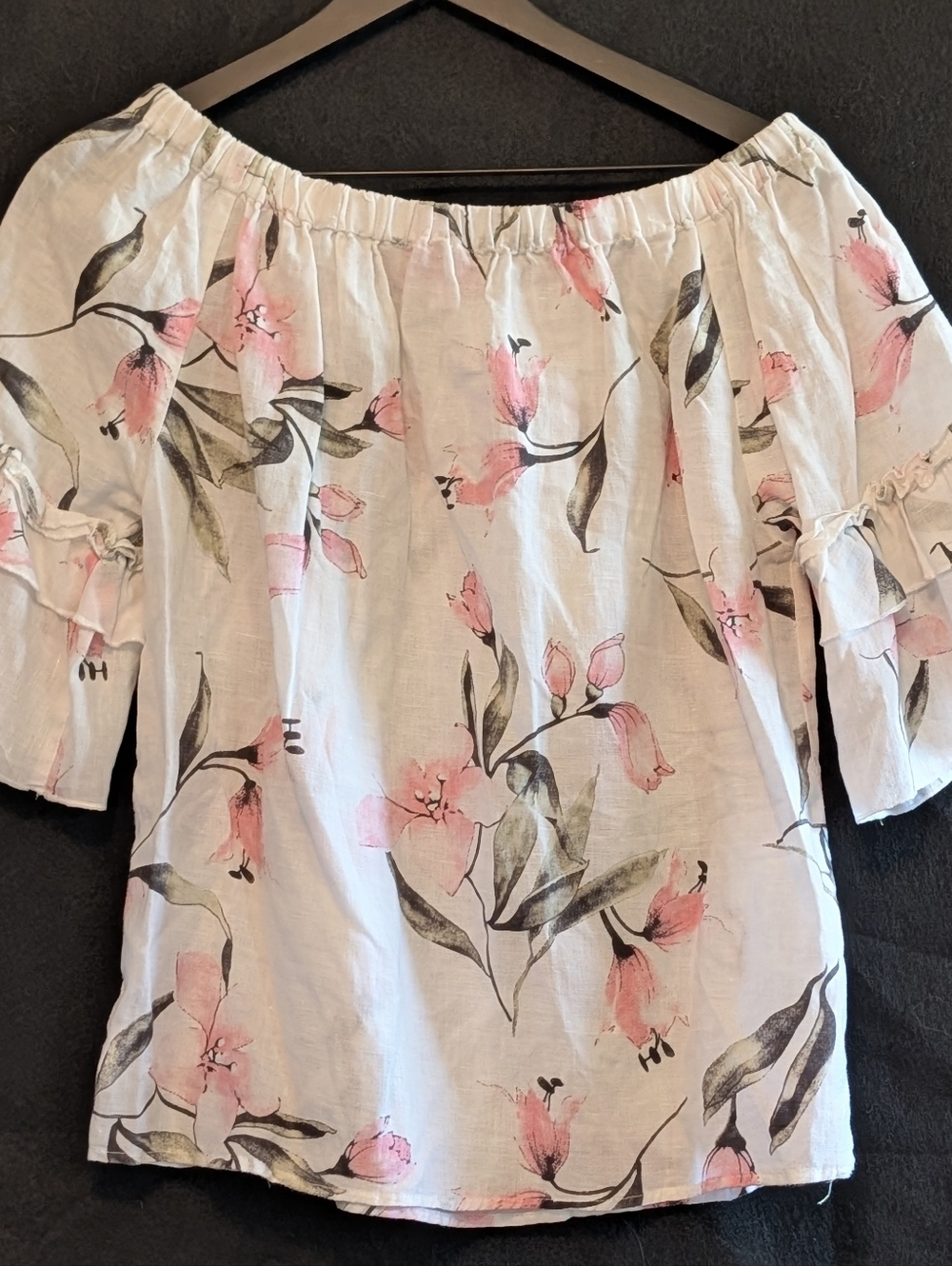Hester & Orchid Linen Cotton Floral Off Shoulder Ruffle Sleeve Top Small Flowy - Picture 6 of 7